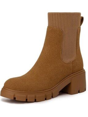 Women's Chelsea Boots Fashion Slip on Platform Ankle Boots Lug Sole Brown Suede